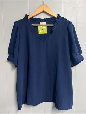 NWOT Navy Ruffle V-Neck Blouse - Women's Top Size XL Short Sleeve